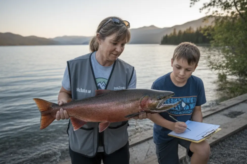 A close-up of a large, healthy Kokanee salmon, showcasing its vibrant red spawning colours.