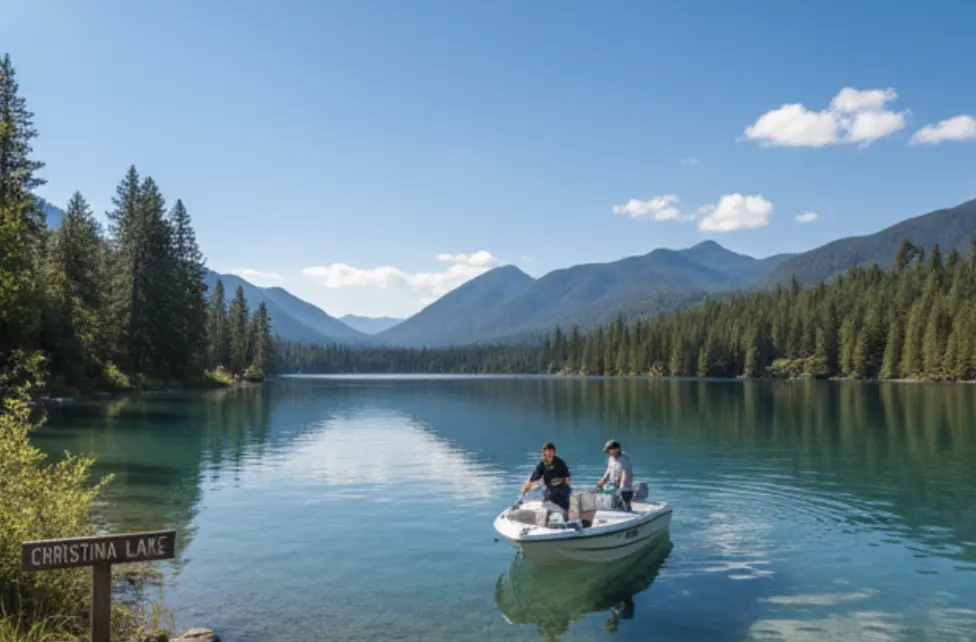 A boat on Christina Lake, used for water quality monitoring and invasive species checks.
