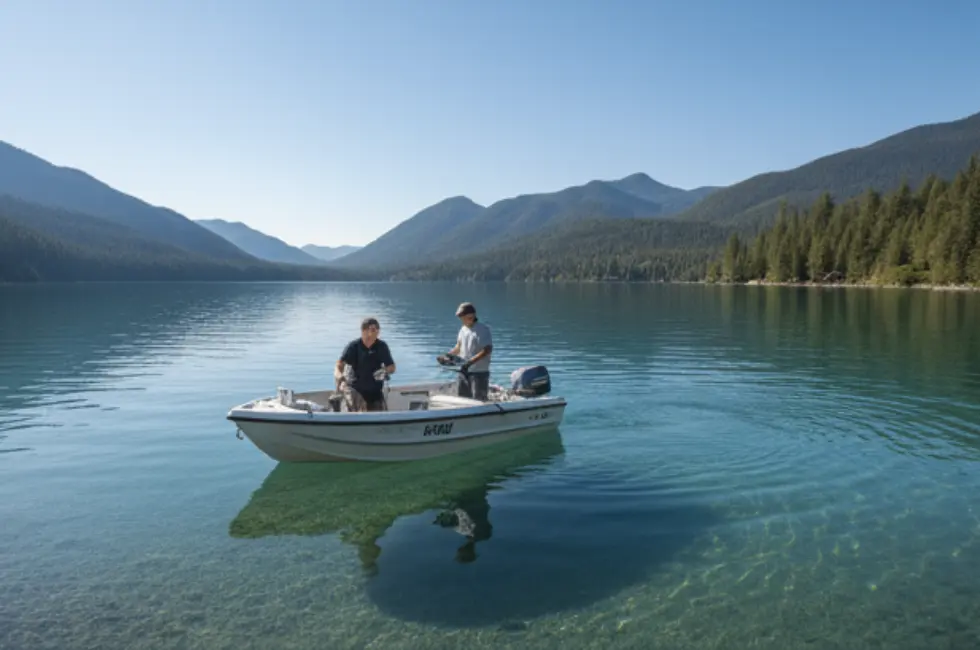 A volunteer from the Christina Lake Stewardship Society on a boat, conducting scientific monitoring.